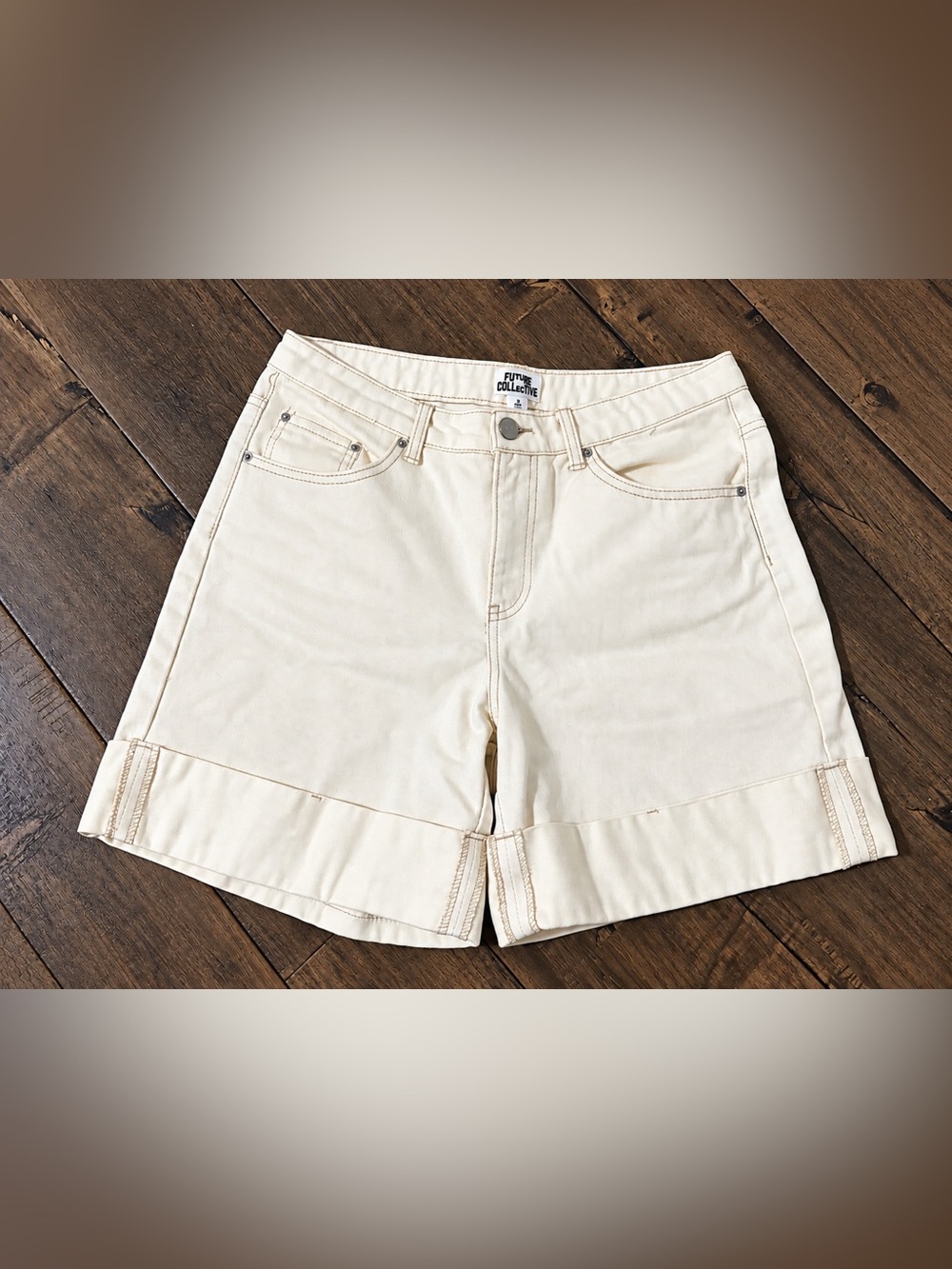 FUTURE Collective Cream Rolled Hem Denim Shorts